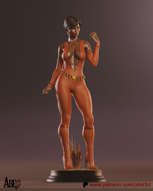 Full front view – Vixen collectible figure standing on display base, posed with hand raised and bodysuit with animal tooth belt.