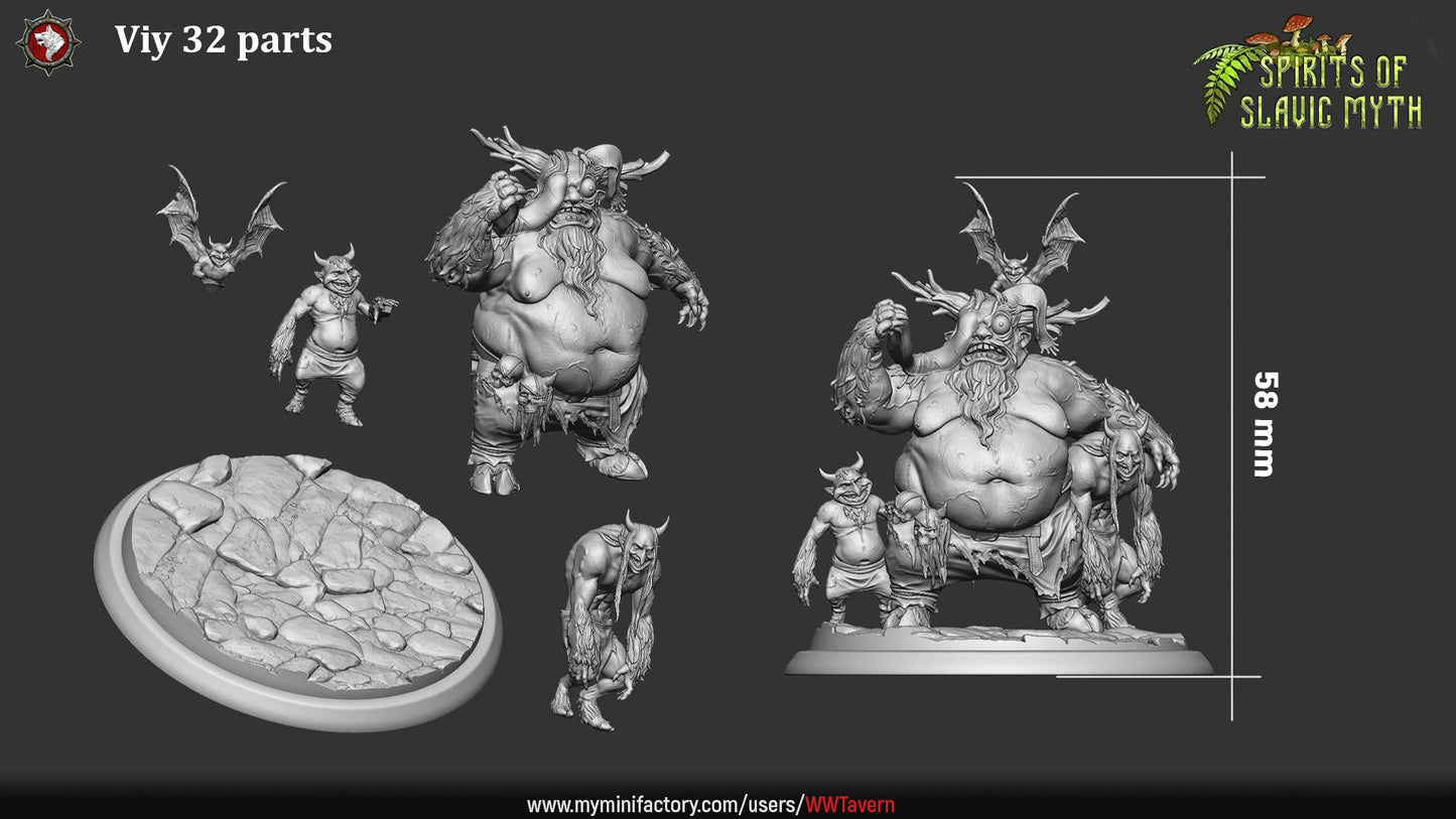 Viy 32mm miniature showing the Slavic demon lord with minions and stone base – fantasy tabletop miniature for Dungeons & Dragons or Pathfinder.