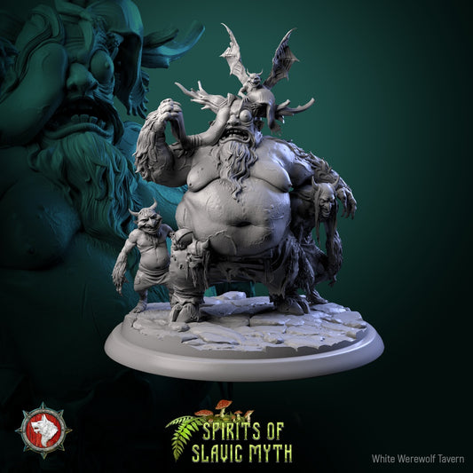 Viy figurine full render showing the corpulent horned demon lord and minions on a stone base – Slavic folklore monster miniature for tabletop games.