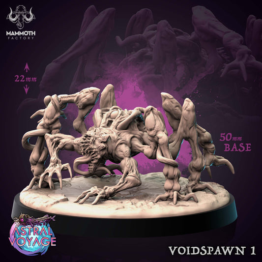 Voidspawn 1 – Aberration miniature featuring a multi-limbed creature with elongated claws, fanged maw, and tentacles emerging from its back, posed crawling on a rocky 50mm base.