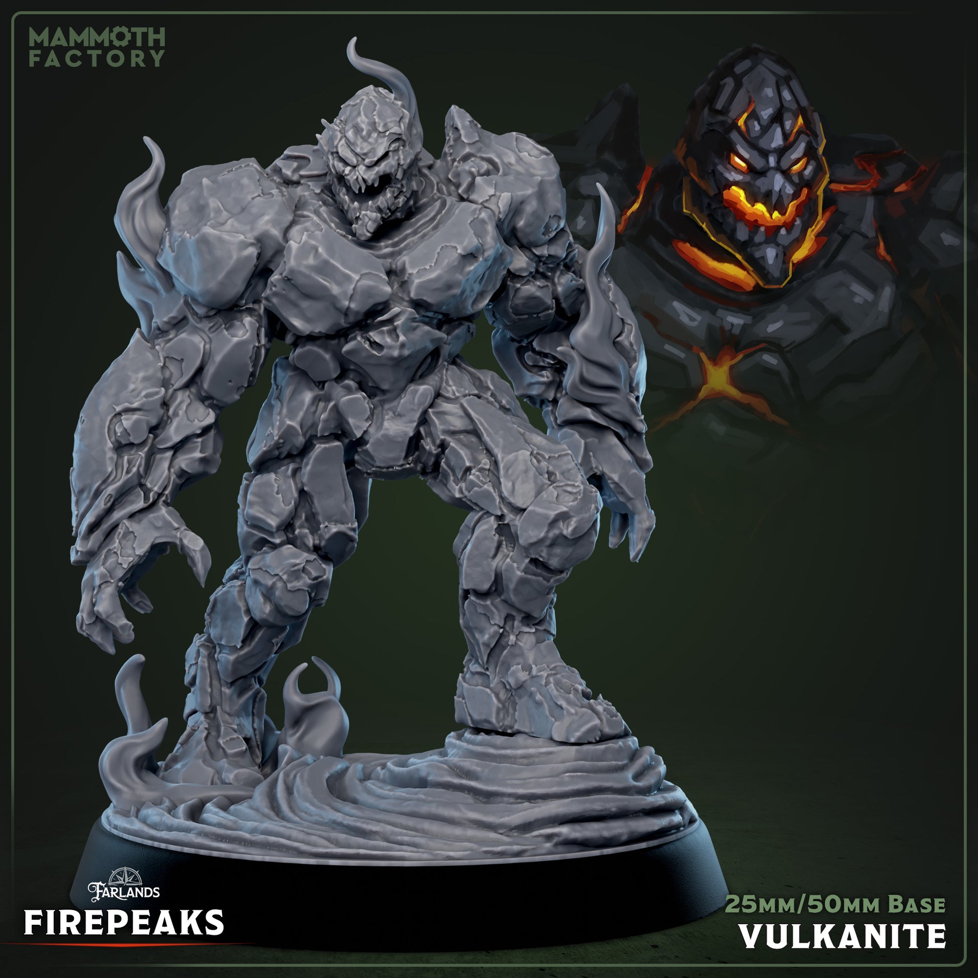 Vulkanite miniature depicting a hulking magma elemental composed of cracked rock and flowing lava, with smoke-like tendrils rising from its body, standing on a molten base – fantasy tabletop miniature for Dungeons & Dragons, Pathfinder, or Warhammer.