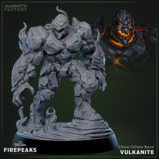 Vulkanite miniature depicting a hulking magma elemental composed of cracked rock and flowing lava, with smoke-like tendrils rising from its body, standing on a molten base – fantasy tabletop miniature for Dungeons & Dragons, Pathfinder, or Warhammer.
