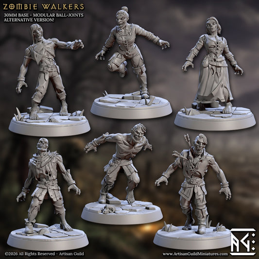 zombie walkers resin tabletop miniatures dungeons and dragons undead horde modular ball joint male and female variants with swords axes shields and peasant attire