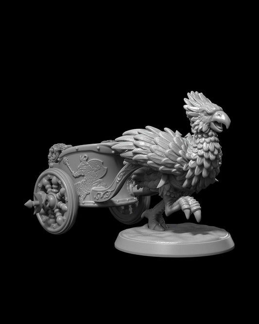 War Chariot miniature featuring a giant bird pulling an intricately designed chariot, detailed with ornate carvings and decorations, ideal for fantasy tabletop RPGs.