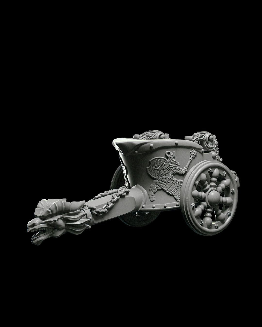 Side view of the War Chariot miniature, showcasing the detailed carvings and structural elements of the chariot, suitable for fantasy tabletop games.