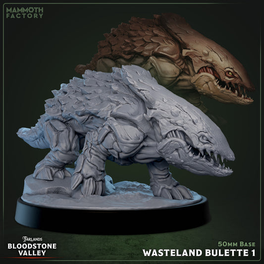 Wasteland Bulette miniature 1, side view with jagged armor plating and gaping jaws – land shark monster for Dungeons & Dragons, Pathfinder, and Warhammer.