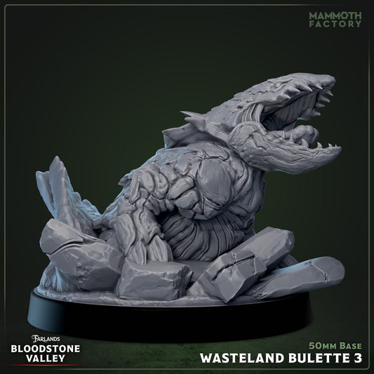 Wasteland Bulette miniature 3, lunging from broken stone with open maw ready to strike – D&D and Pathfinder bulette monster figure.