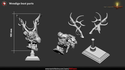 Wendigo bust exploded parts view showing arms, legs, head, antlers, and scenic base components