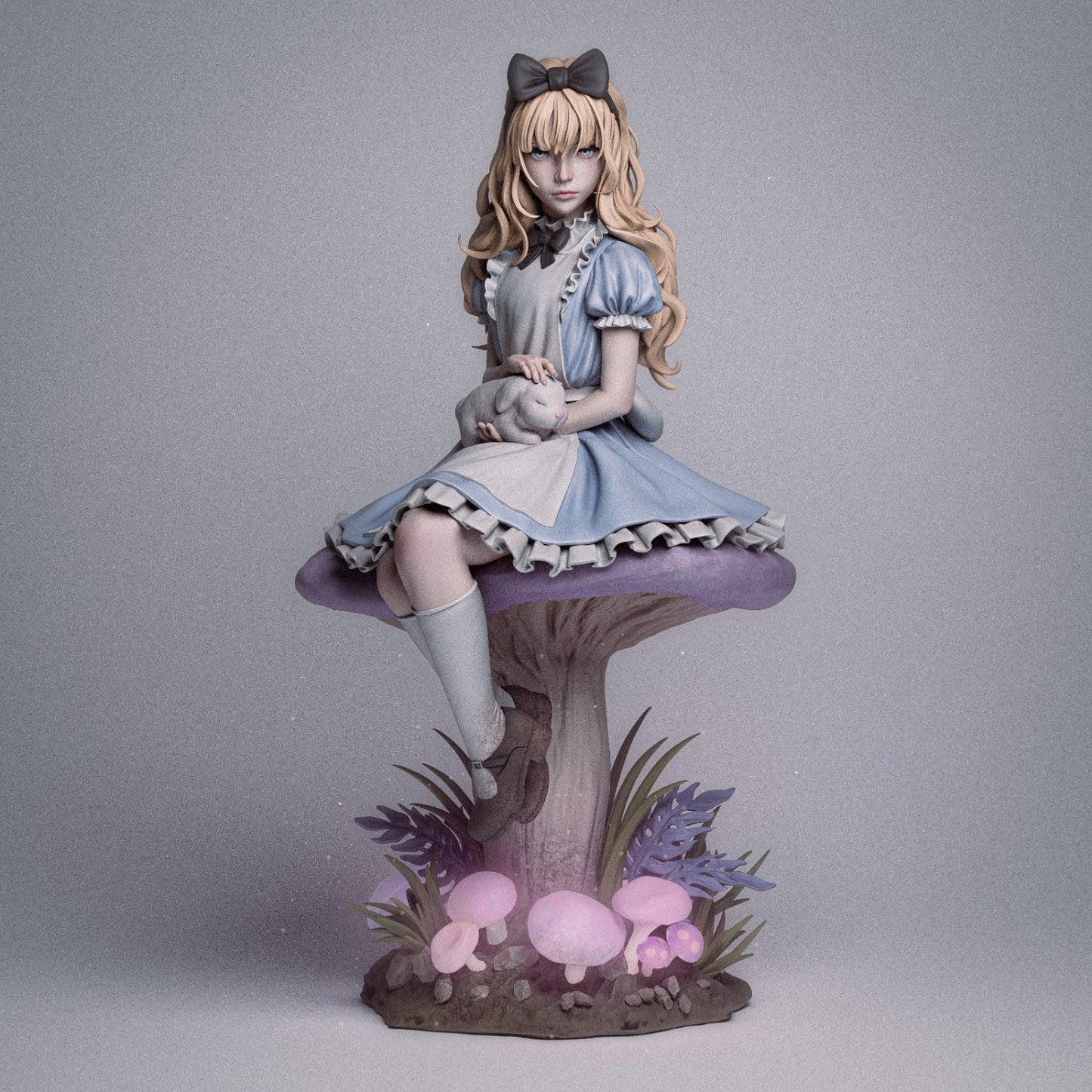 Full-figure view of Alice on a mushroom, surrounded by glowing mushrooms.