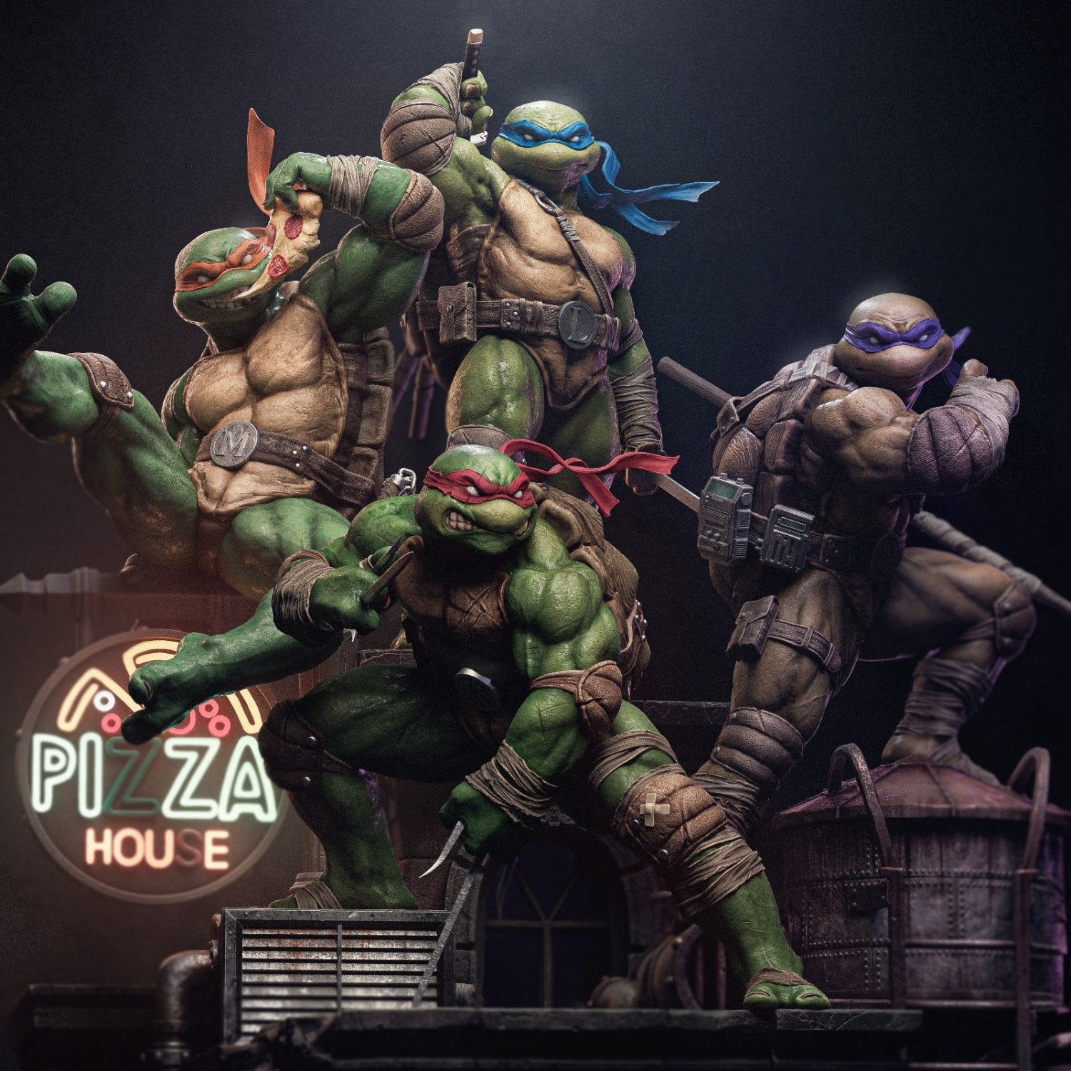 Group of all four Teenage Mutant Ninja Turtles miniatures posed together on rooftops, embodying a team dynamic.