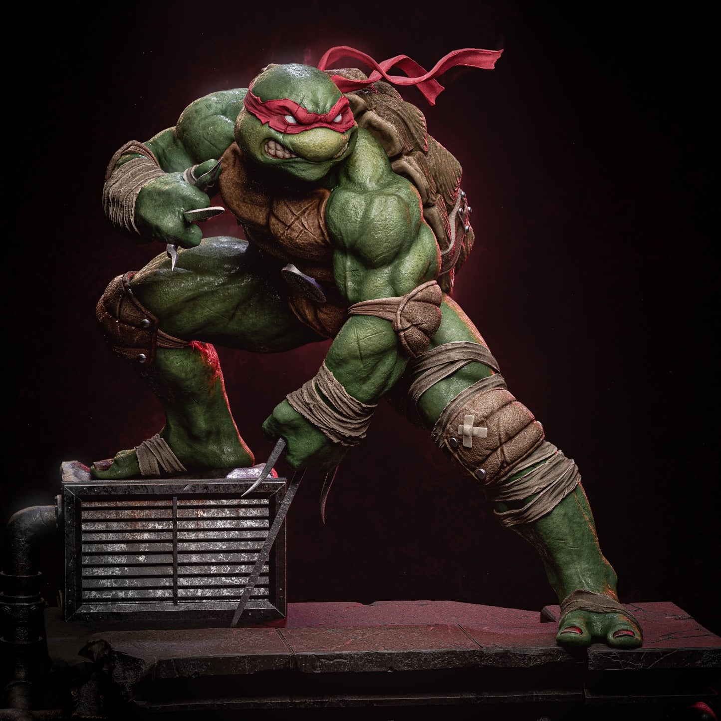 Raphael crouching with twin sai weapons, exuding aggression and readiness for close combat encounters.