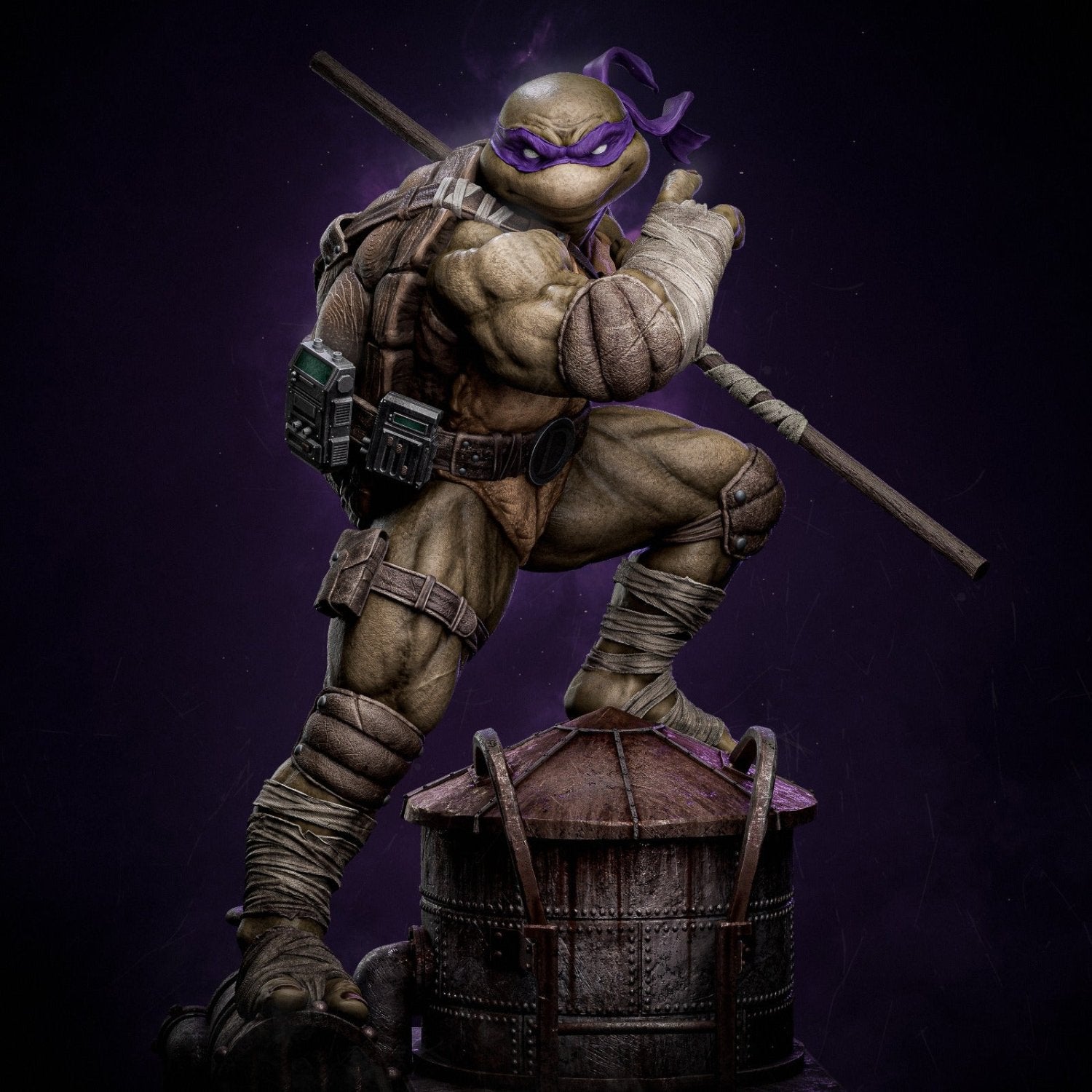 Donatello poised with his staff on a rooftop, showcasing a protective stance.