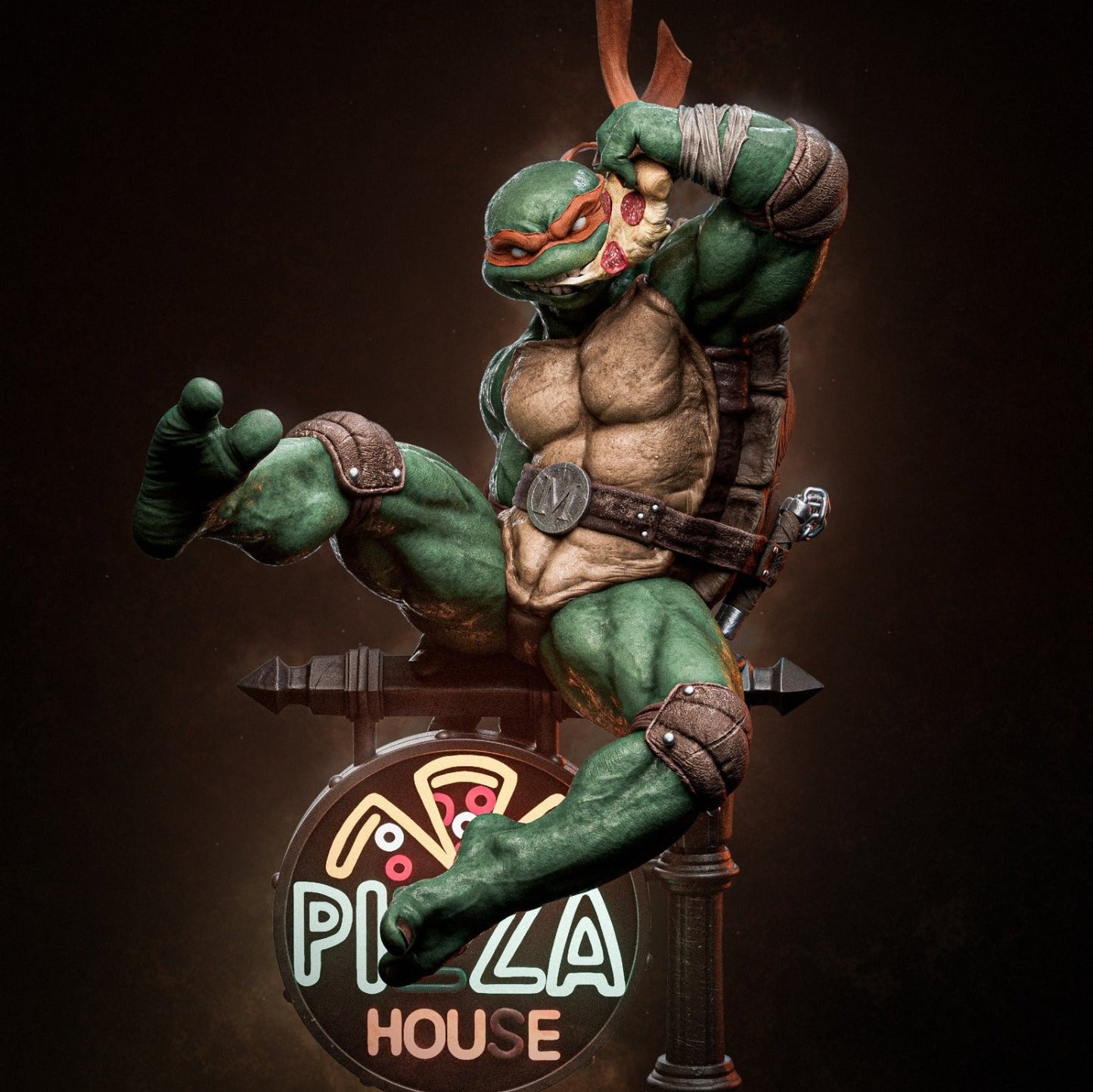 Michelangelo posed mid-air holding a slice of pizza, capturing his playful essence.