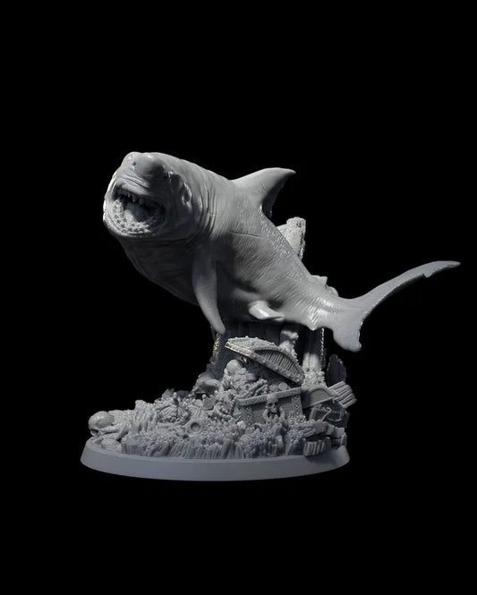 White Shark miniature rising from underwater ruins, depicted with a fearsome open maw and detailed aquatic terrain.