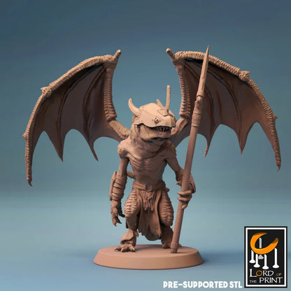 Kobold miniature with large wings and a spear, standing in a defensive stance. Great for fantasy TTRPGs like Dungeons and Dragons or Pathfinder.