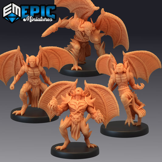 Group of winged devil miniatures, each inspired by horned devils, displaying an array of weapons and fearsome stances.