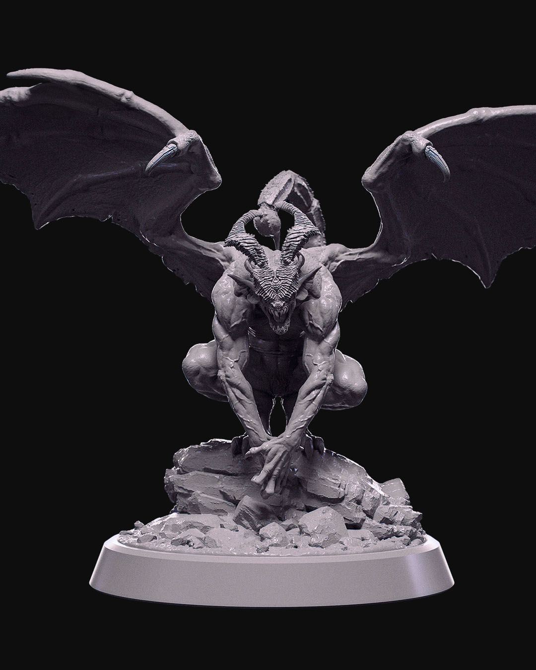 A muscular demon with large, bat-like wings crouching on rocky terrain. The demon has horns, a fierce expression, and is positioned as if ready to pounce, showcasing its menacing and powerful stance. Ideal for use in fantasy tabletop role-playing games.