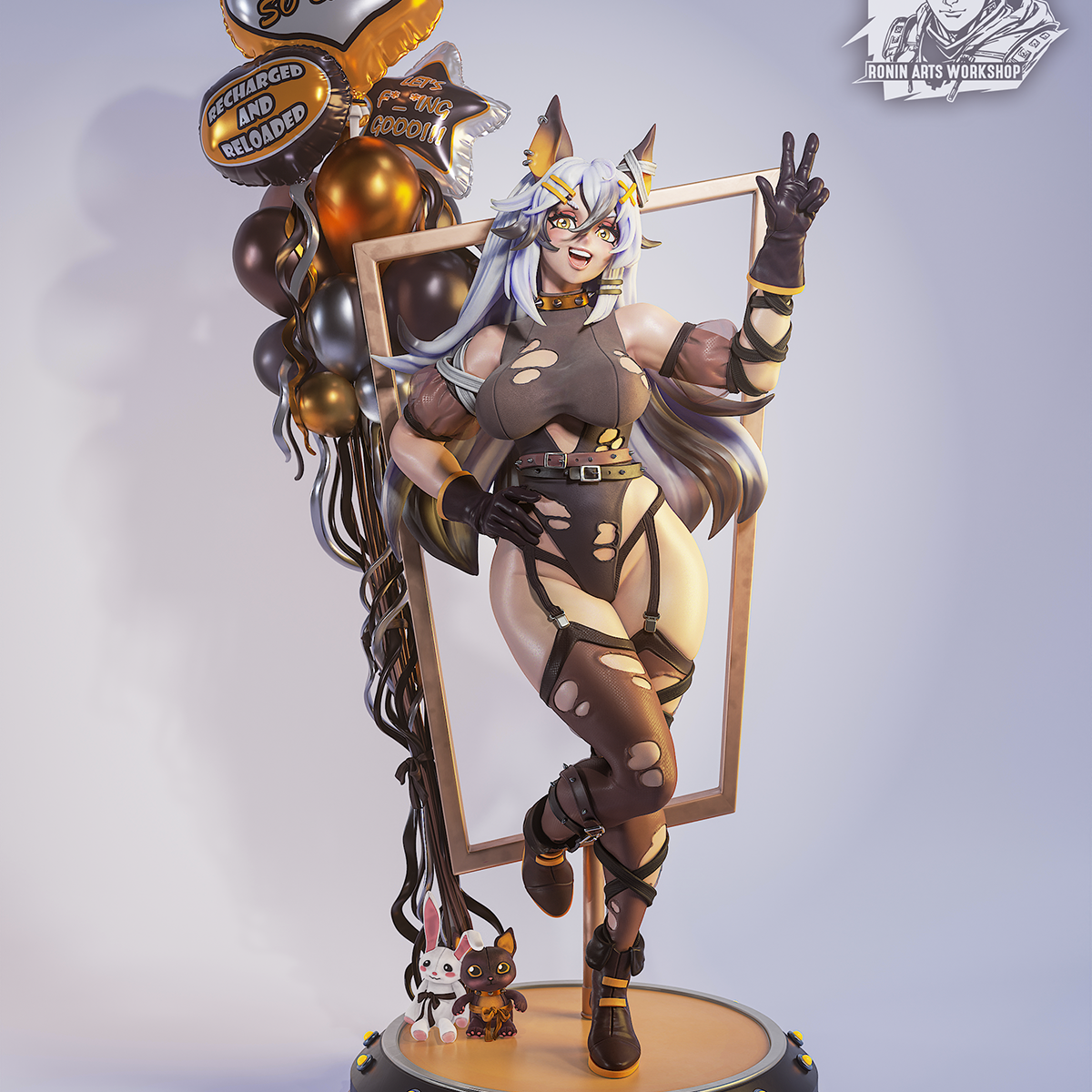 Painted version of Winnie wearing her full outfit, posed confidently with peace sign inside a metallic frame, flanked by decorative balloons and mascots.