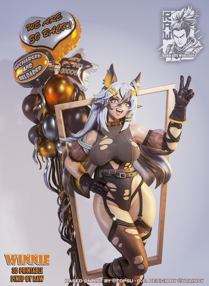 Painted version of Winnie wearing her full outfit, posed confidently with peace sign inside a metallic frame, flanked by decorative balloons and mascots.