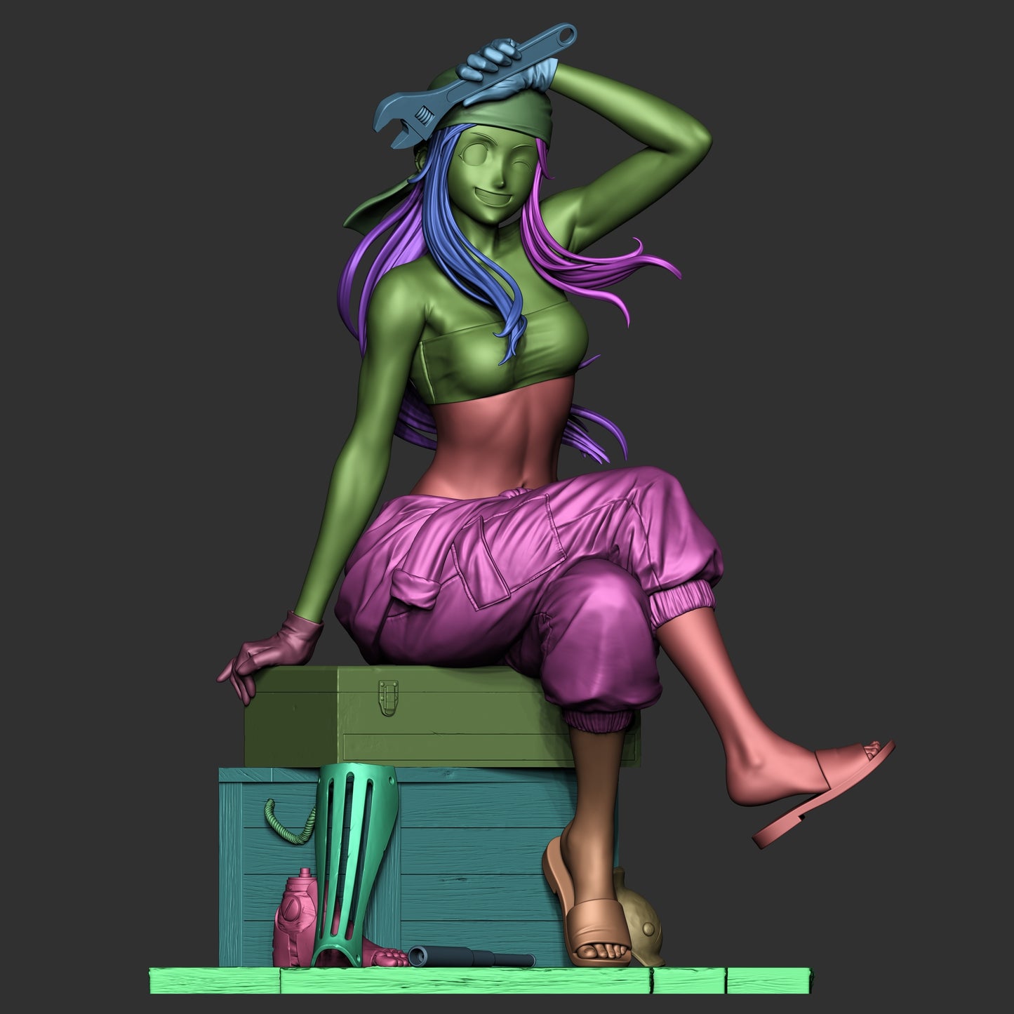 3D sculpt render of Winry Rockbell anime character seated with wrench and tools – Fullmetal Alchemist collectible