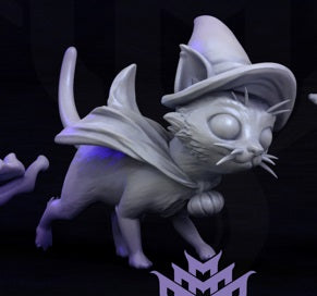 Witch Cat miniature wearing a pointed hat and cape, carrying a pumpkin.