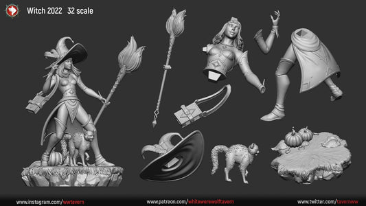 Witch miniature with broom, wide-brimmed hat, and spellbook accompanied by a cat on a rock base.