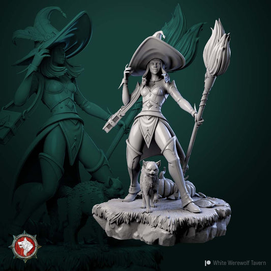 Assembled 3D render of Witch with Cat miniature ready for tabletop or display use.