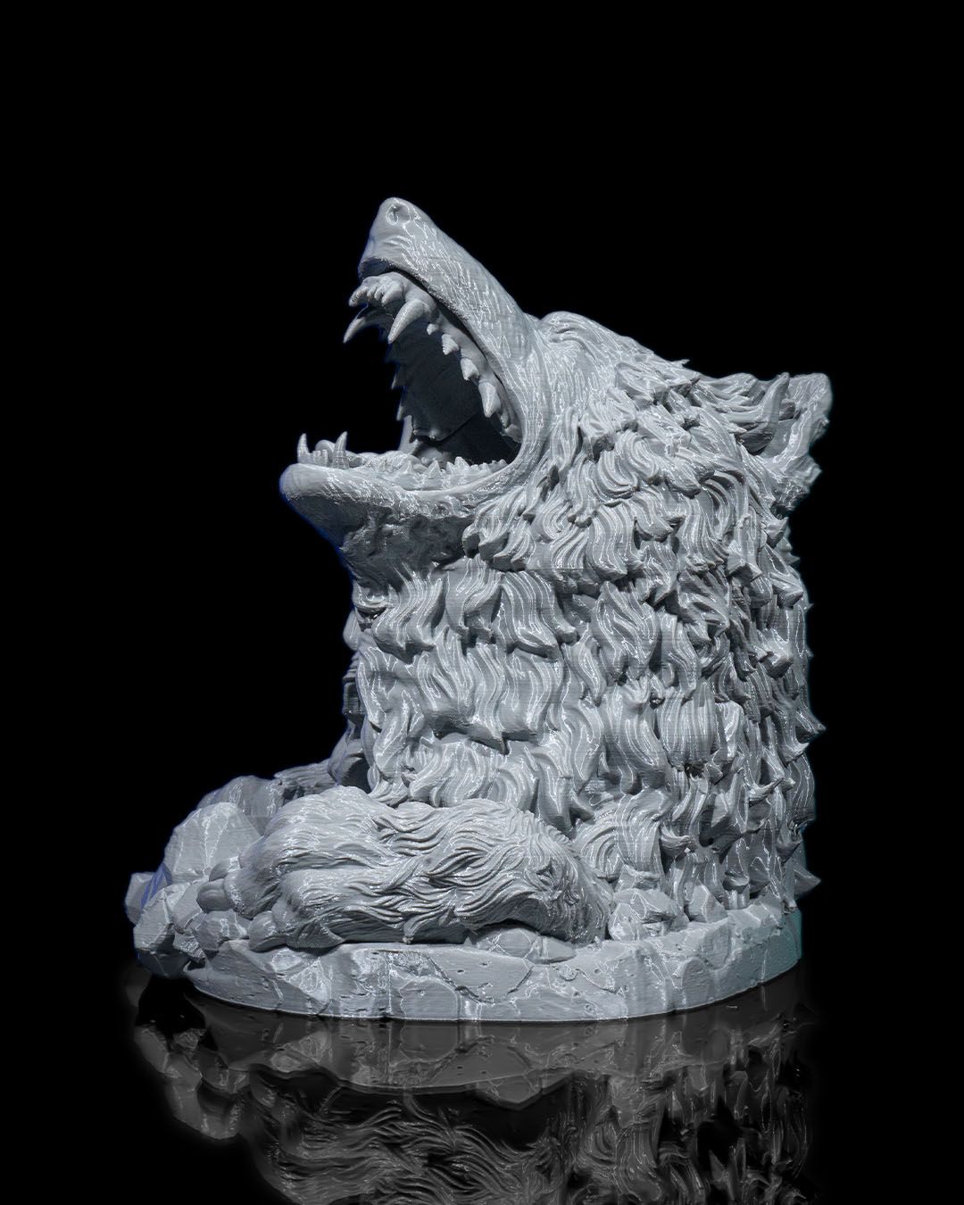 Wolf Bite Dice Tower depicting a detailed wolf head with an open mouth, designed for tabletop RPG games like D&D and Pathfinder, enhancing gameplay with a thematic dice roll experience.