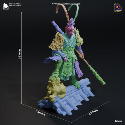 Wukong miniature dimensions labeled, highlighting its intricate design and pose on a detailed base.