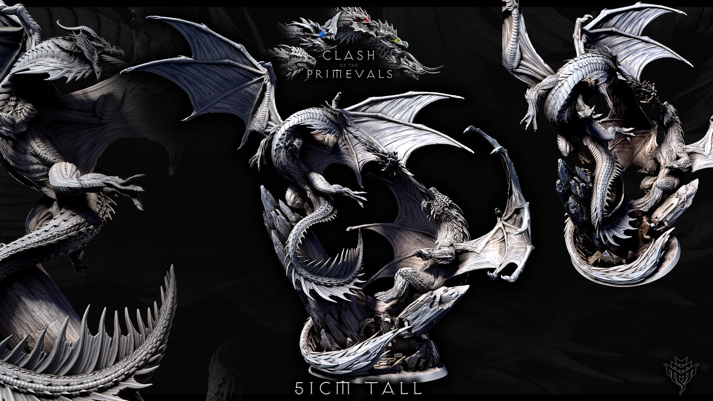 Dynamic diorama of Elder Red Dragon battling Elder White Dragon in mid-air above rocky terrain, 51cm tall, for fantasy tabletop RPG display.