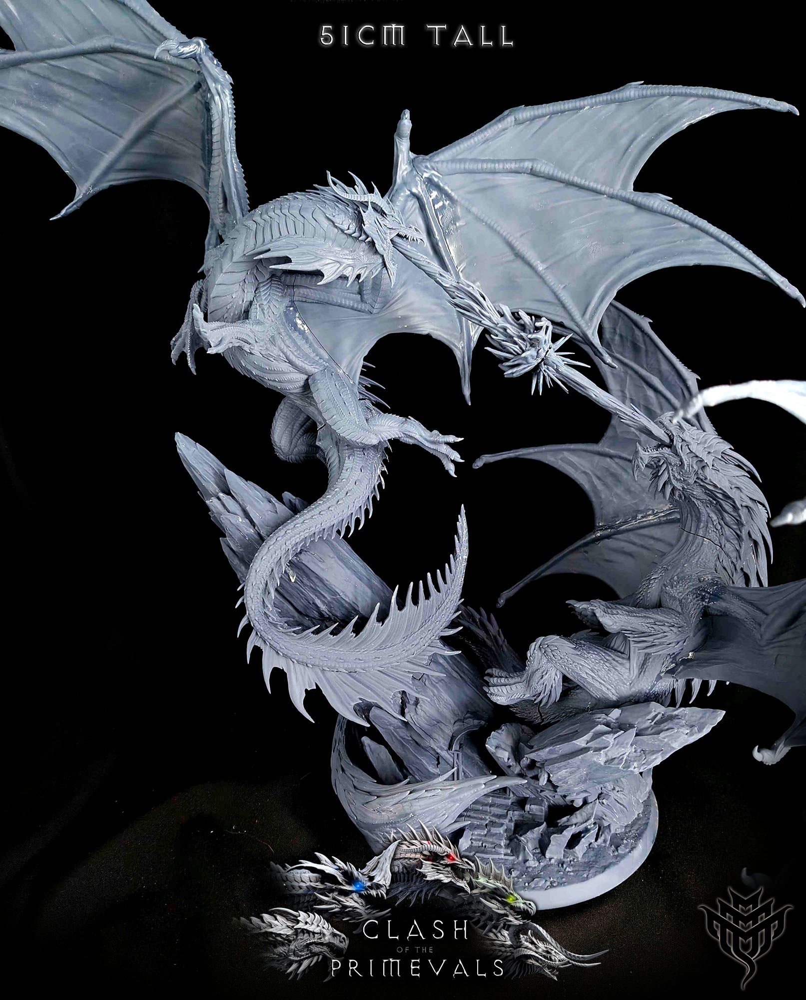 Unpainted resin diorama of Elder Red Dragon vs Elder White Dragon with detailed wings, scales, and rocky base, designed for fantasy tabletop games.
