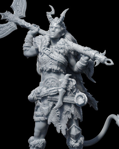 Close-up of Wyetta Lavesh, a horned warrior in fur-lined armor, holding a double-bladed axe.