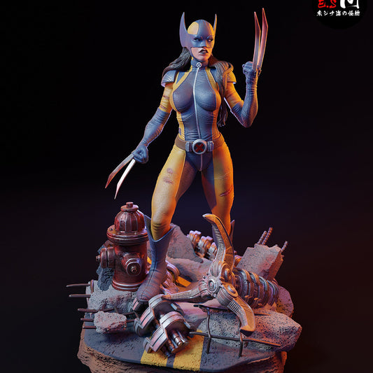 x-23 1:6 scale painted figure masked version standing on mechanical debris base with extended claws detailed bodysuit and hydrant prop