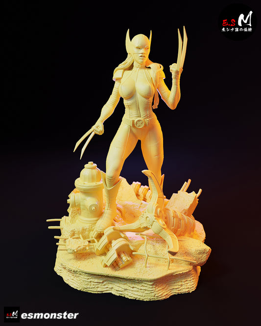 x-23 unpainted 1:6 scale figure masked version standing on textured mechanical debris base with extended claws and detailed suit sculpt