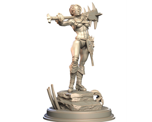Xilaya female human barbarian miniature holding spiked maul across shoulder, standing on rocky base with bones.
