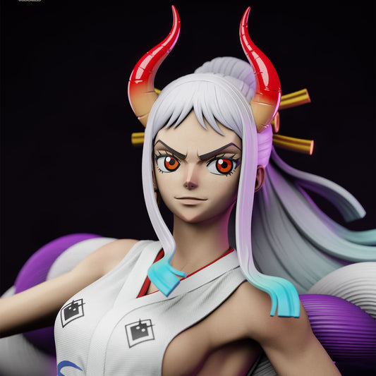 Close-up of Yamato One Piece statue face with red horns and warrior attire