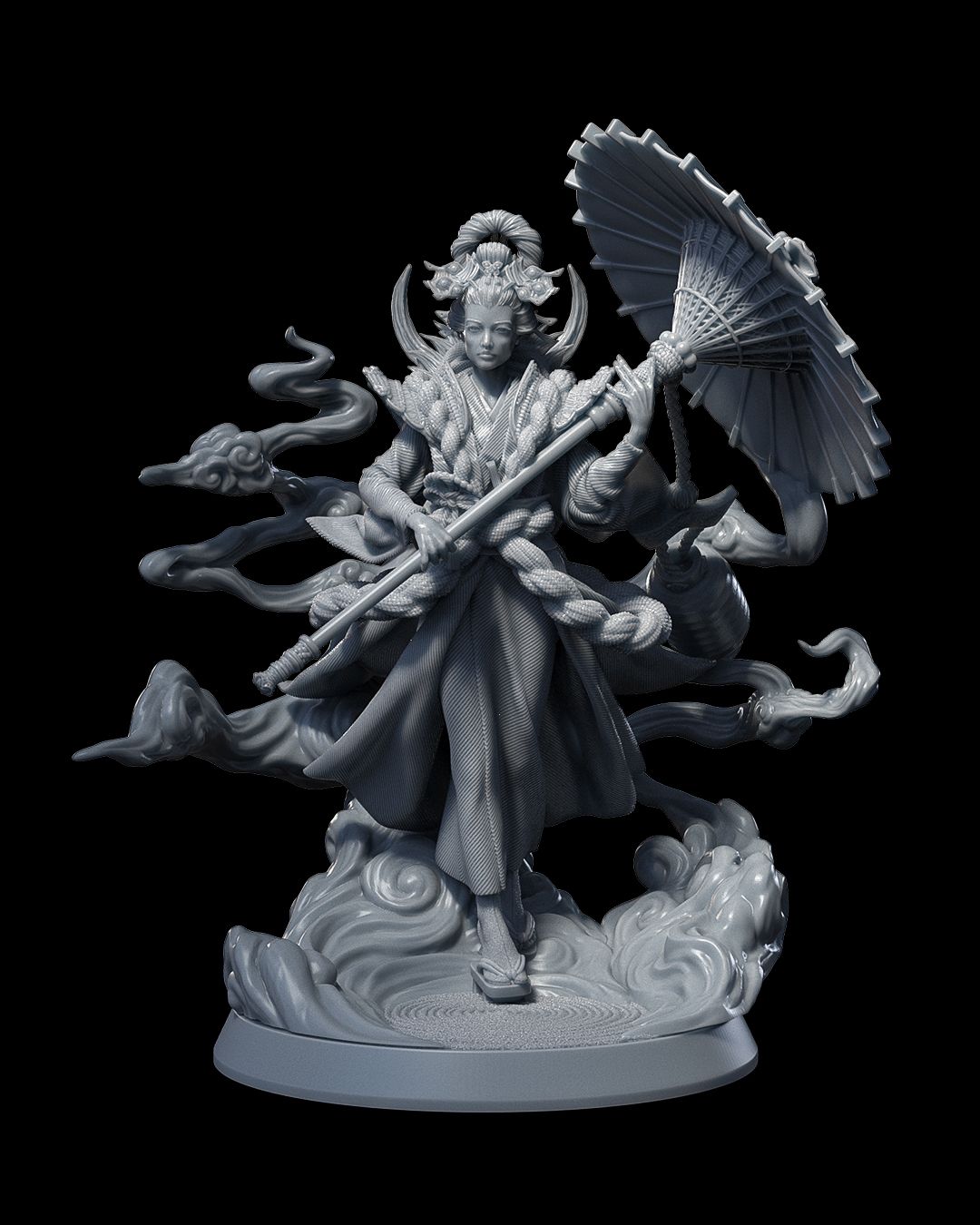 A 3D miniature of Yana Muto, a female geisha with a parasol in hand, surrounded by swirling smoke effects, dressed in traditional robes and an elaborate hairstyle.