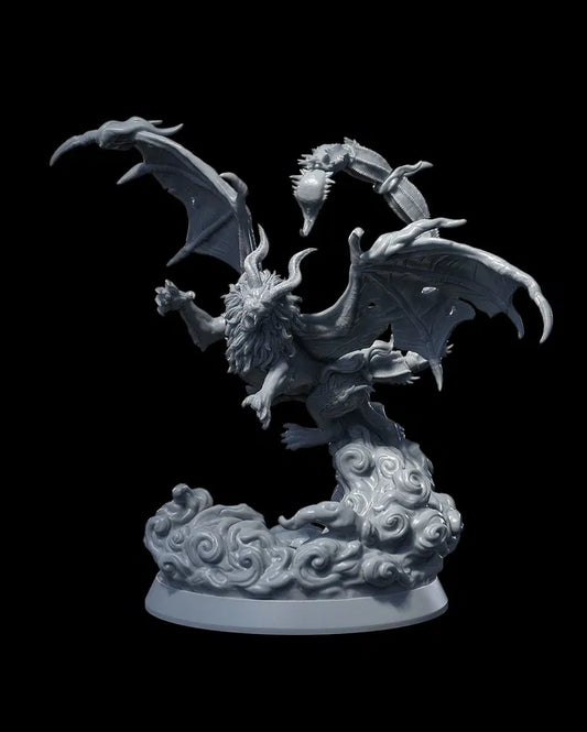 A 3D miniature of Yavash Manticore, featuring bat-like wings, a scorpion tail, and muscular form, depicted mid-leap from swirling clouds.