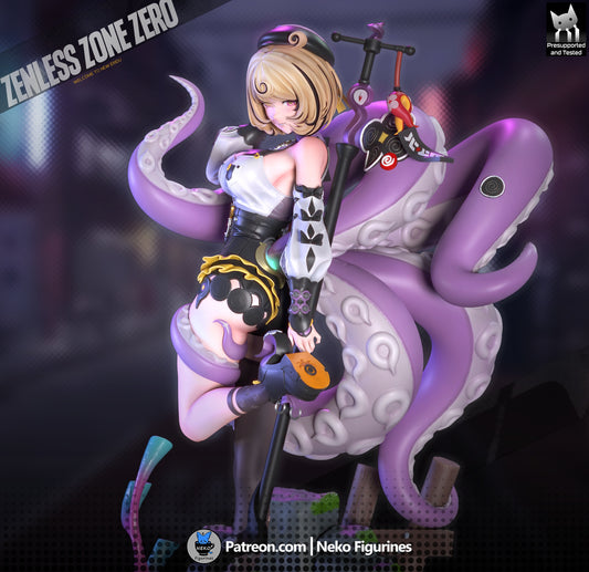 yidhari zenless zone zero full color render showing detailed outfit tentacle tail dynamic stance weapon and environmental base 1-7 scale figure
