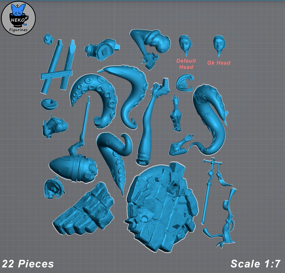 yidhari zenless zone zero 1-7 scale figure parts layout showing 22 pieces including tentacles heads limbs base weapon and accessories printable model