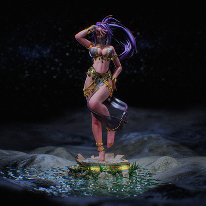 Yoruichi Shihōin – Full Figure Front View: Full-body render of Yoruichi standing on a water-textured base, wearing jeweled silks and striking a dynamic pose.