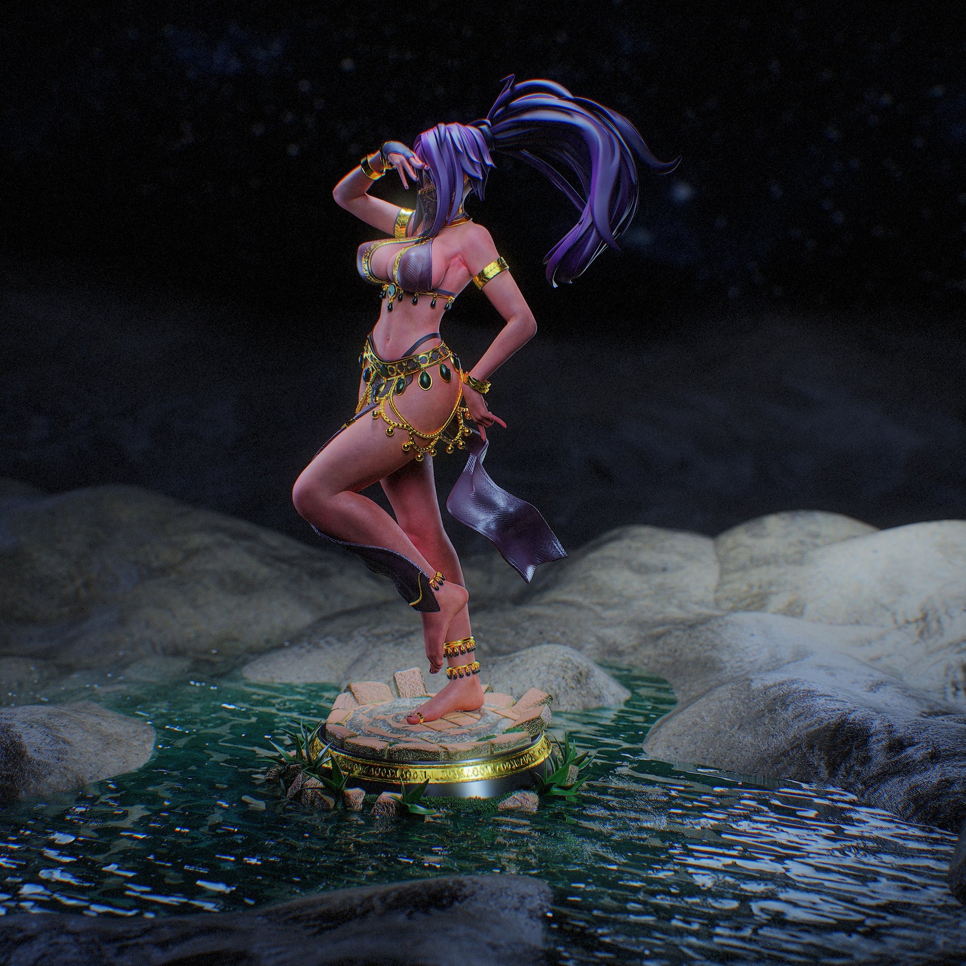 Yoruichi Shihōin – Side Pose: Profile view showing her hair swept upward and detailed gold jewelry along arms and waist.