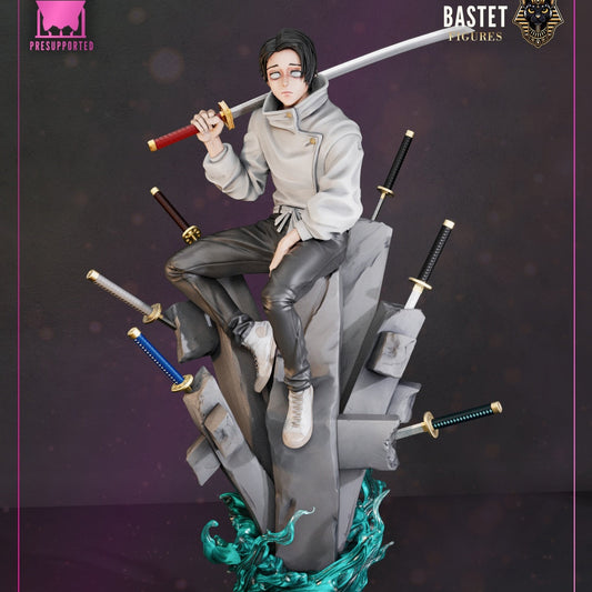 Painted full Yuta statue seated on rocks with turquoise energy base and multiple swords around.