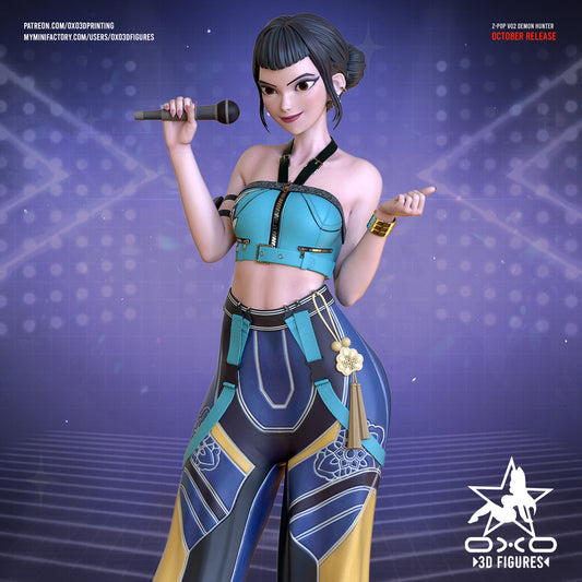 Colored render of Zoey from K-Pop Demon Hunters, holding a microphone and smiling confidently in her stylish cropped top and patterned pants.