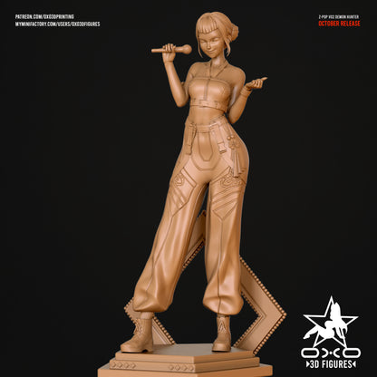 Full-figure view of Zoey in her original K-Pop Demon Hunters outfit, holding a microphone while standing confidently in a relaxed pose with detailed clothing and accessories.