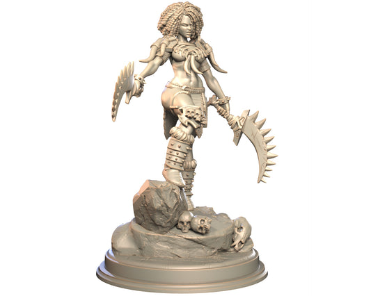 Zahraka female human barbarian miniature holding dual spiked blades, posed on rocky base with skulls.