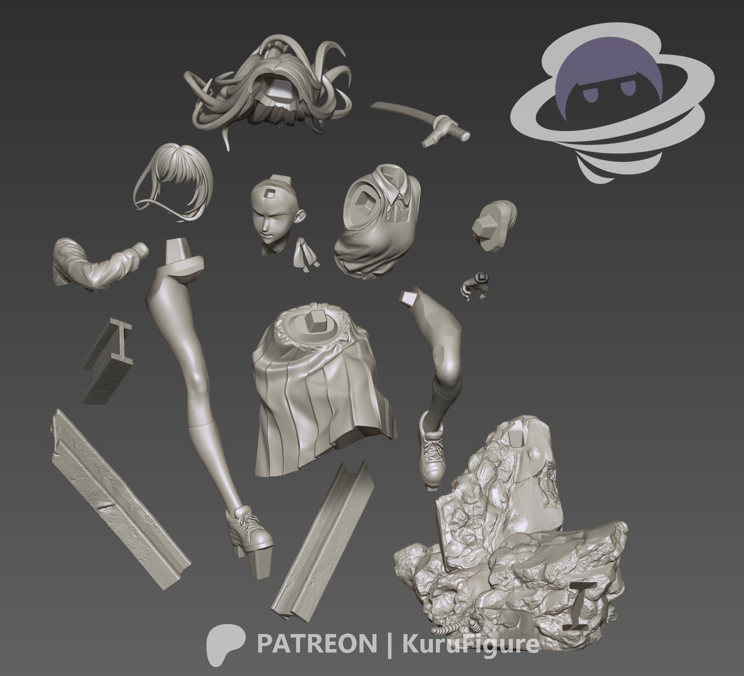 Asa Mitaka Chainsaw Man figure unassembled parts including head, hair, torso, arms, legs, sword, skirt, and rubble base arranged for model kit preview