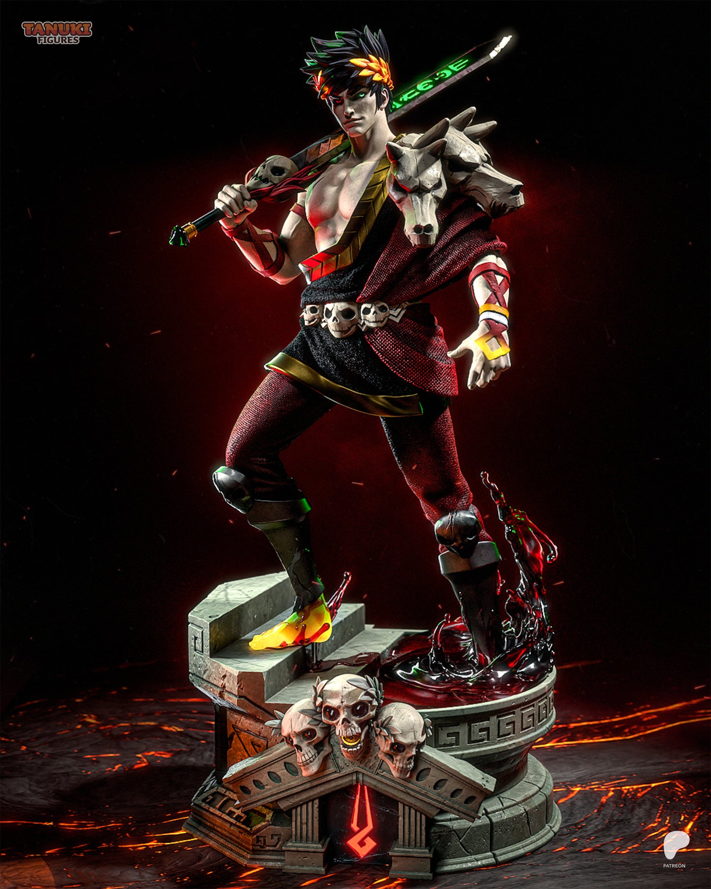 Full figure of Zagreus Hades statue standing on Underworld base with glowing lava effect