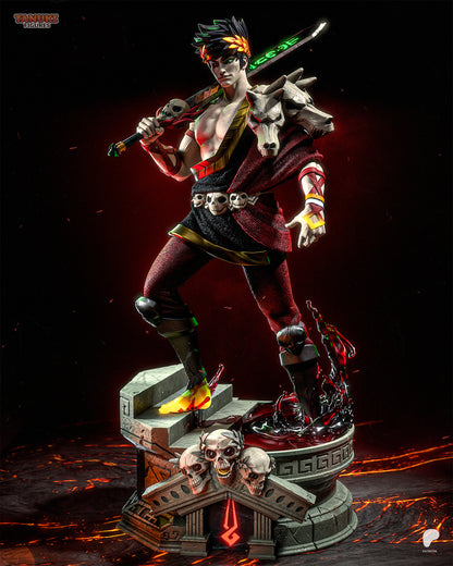 Full figure of Zagreus Hades statue standing on Underworld base with glowing lava effect