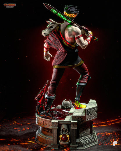 Back view of Zagreus Hades figure with flowing sash, sword details, and stone pedestal base